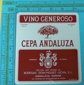 Etiquetas antiguas: ETIQUETA DE VINO / ALCOHOL. VINO GENEROSO CEPA ANDALUZA BODEGAS DOMINGUEZ.